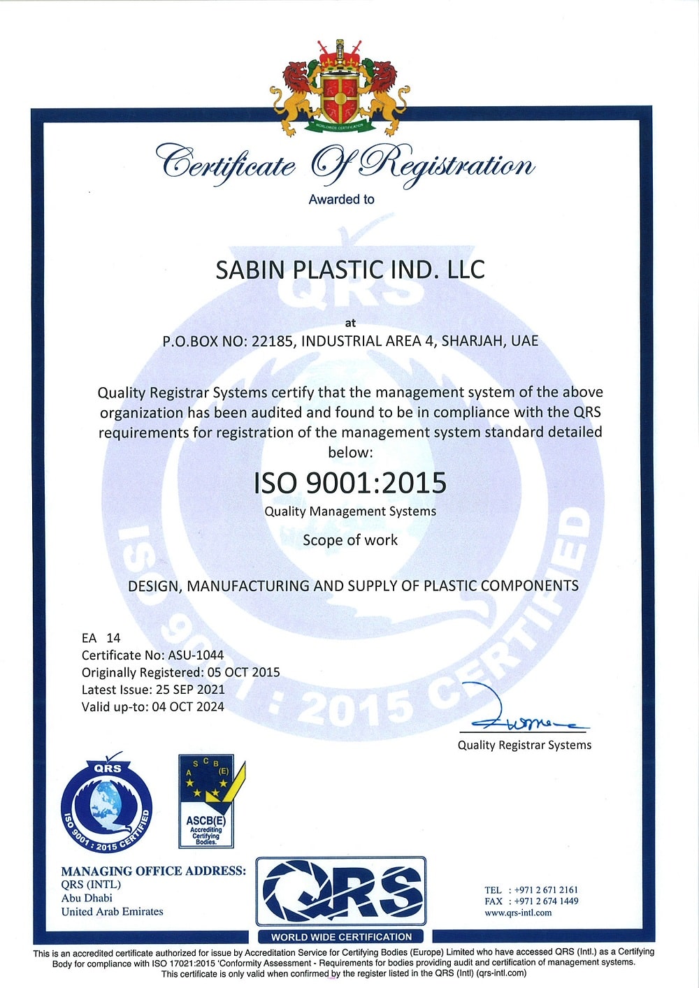 Sabin Plastic ISO Certificate